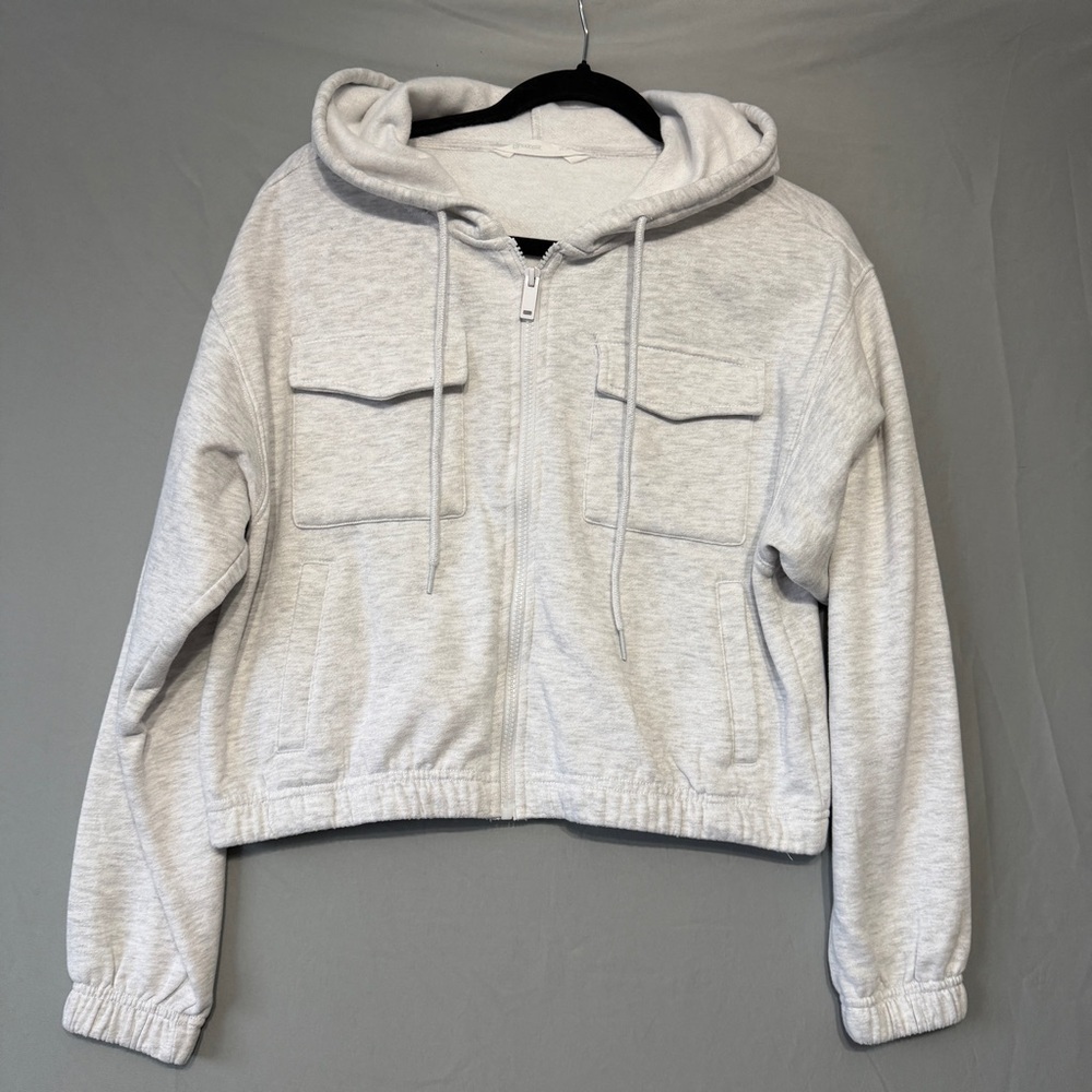 Bluenotes Womens Cropped Full Zip Hooded Jacket Size Medium Grey Pockets Lounge